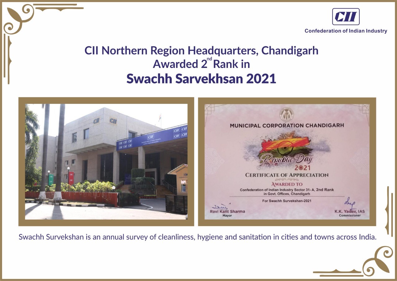 CII Building awarded 2nd Rank in Swachh Survekshan 2021 amongst office buildings in Chandigarh