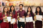 Young Textile designing students of NIIFT, Mohali pose with their trophies and certificates after being awarded at Suvyan 2023.