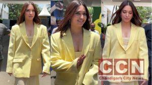 Tamannaah Bhatia Stuns in Trendy Yellow Tube Dress and Blazer Combo by Deme